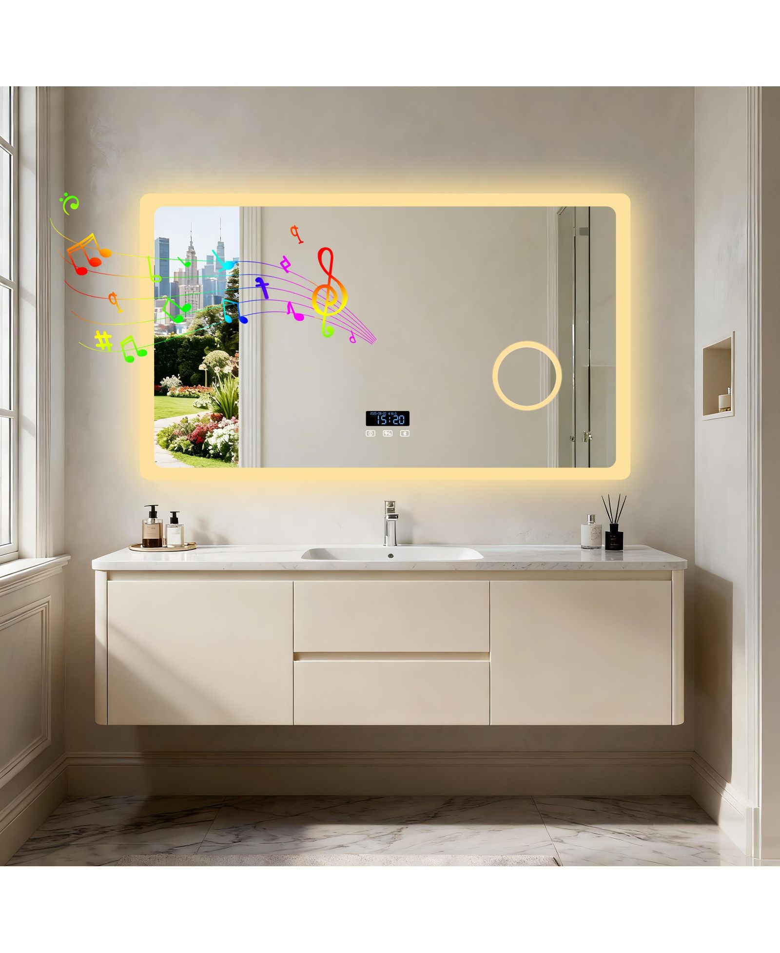 LUVODI Wall-Mounted LED-Bathroom-Mirror with Bluetooth Speaker, Time Display, Magnifier, Anti-Fog, Memory Function, 3 Color Temperature