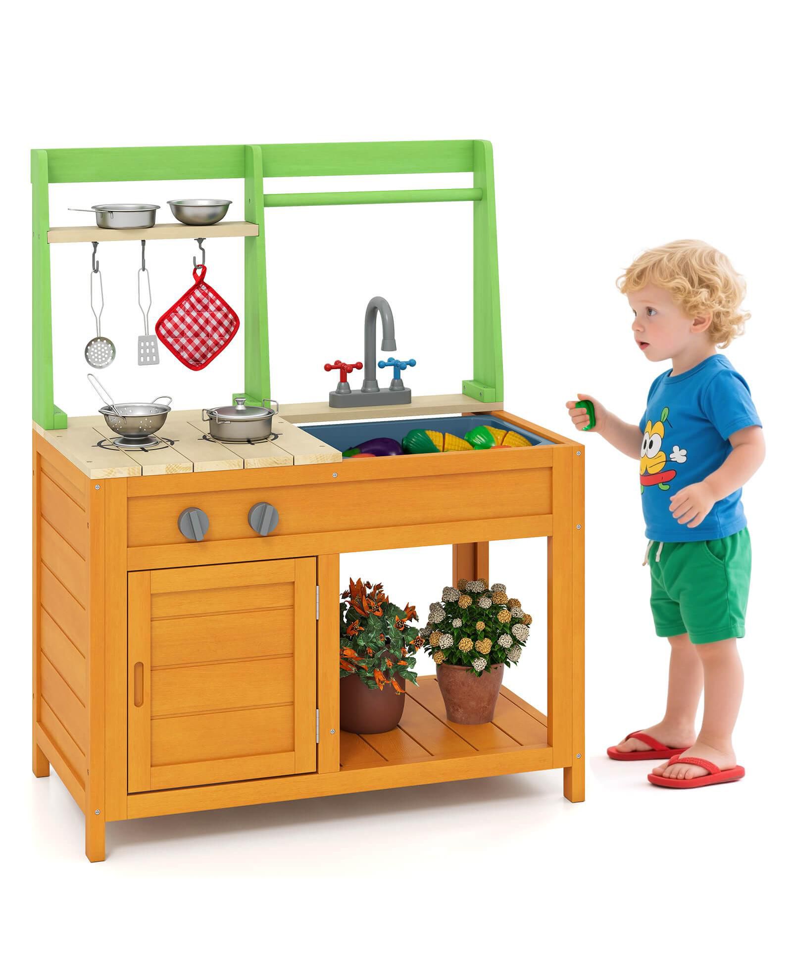 Costway Wooden Mud Kitchen with Stoves, Sink and Oven, 10-Piece Set, Ages 3+