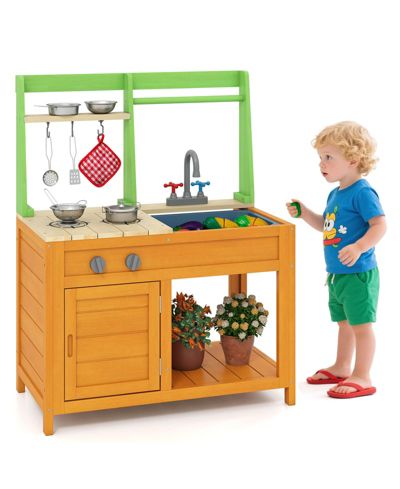 Costway Wooden Mud Kitchen with Stoves, Sink and Oven, 10-Piece Set, Ages 3+