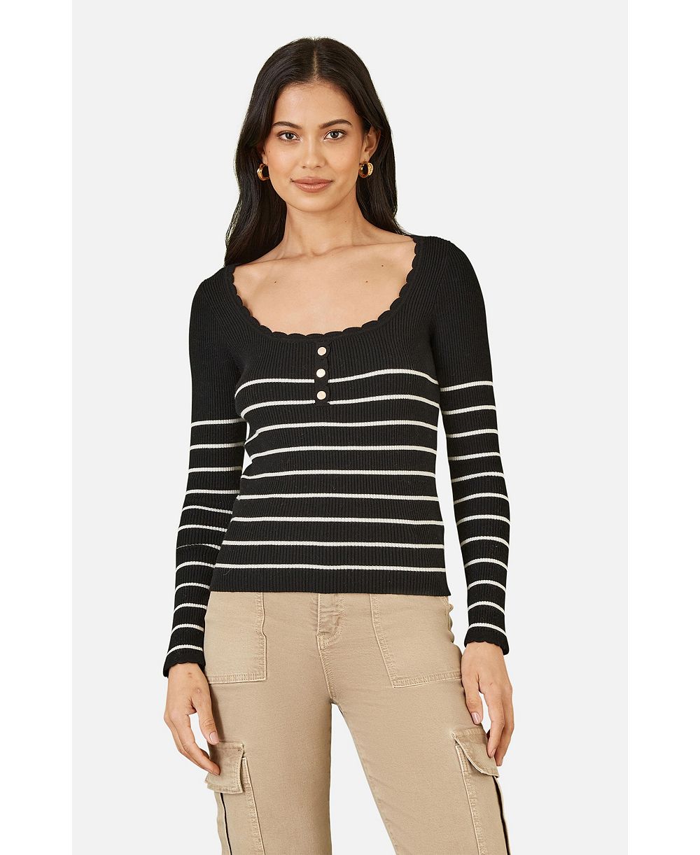 Yumi Women's Button Detail Long Sleeve Rib Knit Top