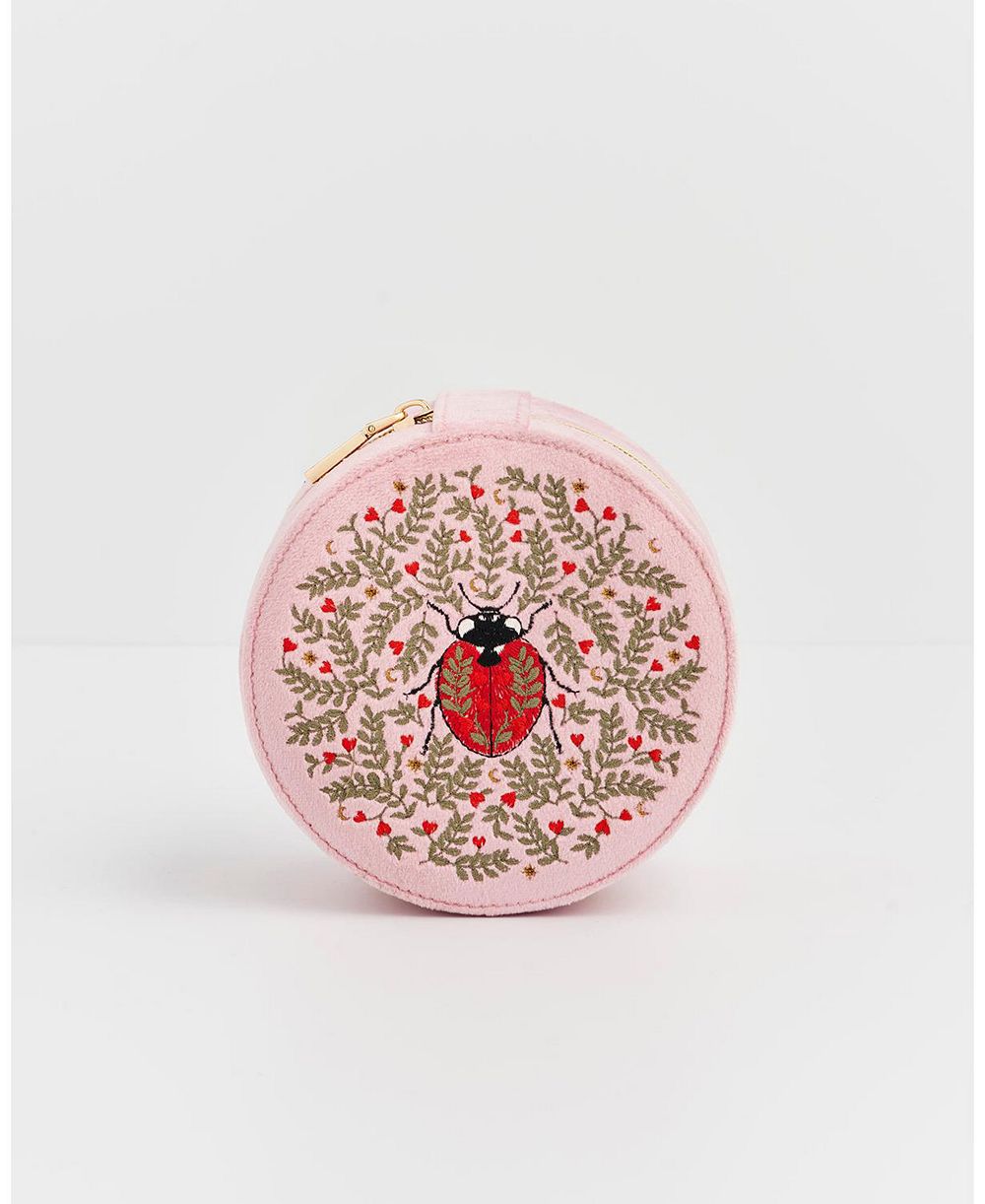 Fable England Women's Ladybird Velvet Embroidered Circle Jewellery Box