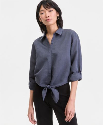 Рубашка I.N.C. International Concepts Women's Linen-Blend Button-Front Tie-Hem