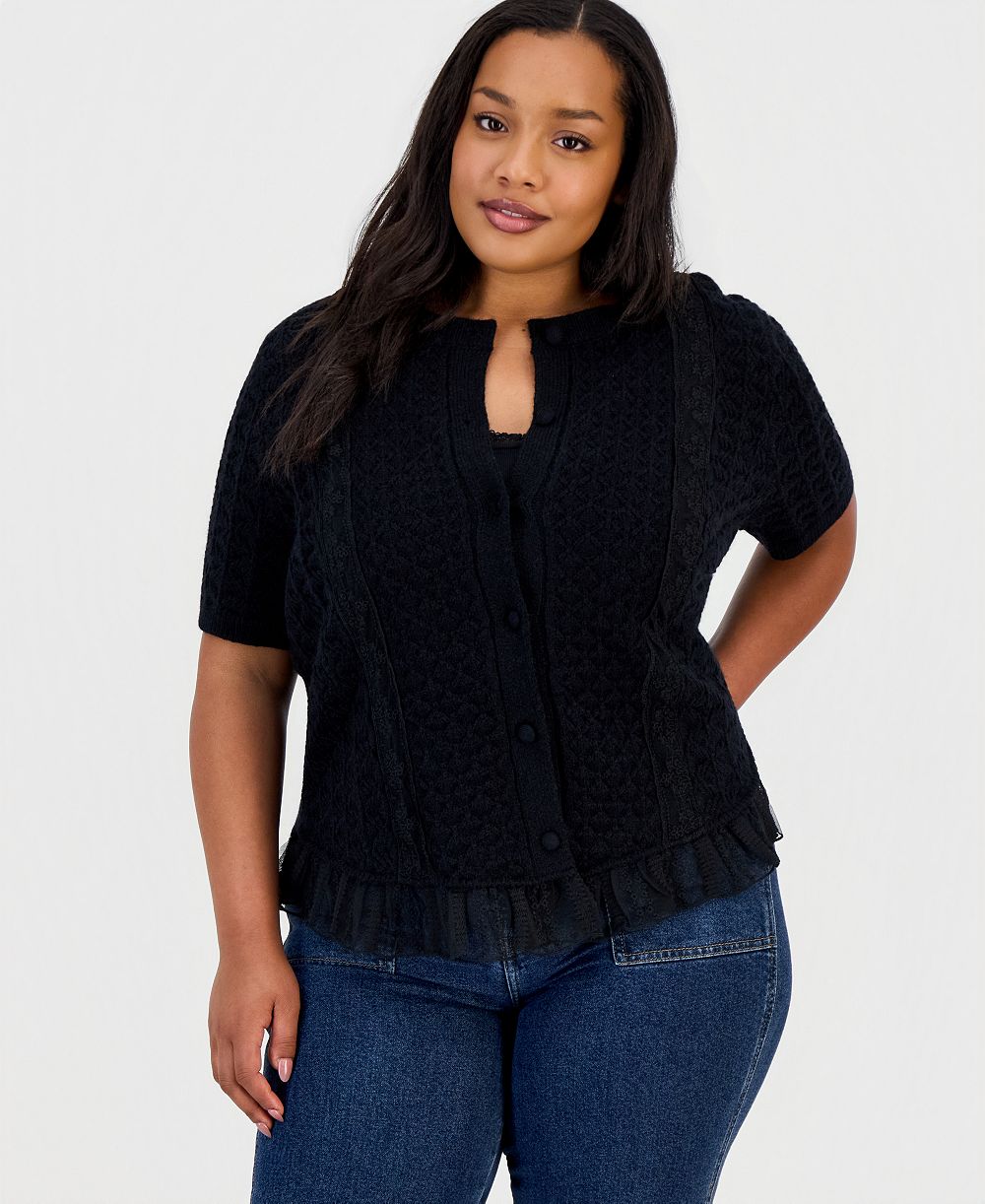 And Now This Plus Size Pointelle Lace-Hem Short-Sleeve Cardigan, Macy's Exclusive