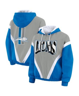 Женский ветрозащитный худи WEAR by Erin Andrews Women's Blue/Gray Detroit Lions Plus Size Retro Crinkle Full-Zip Hoodie Windbreaker Jacket