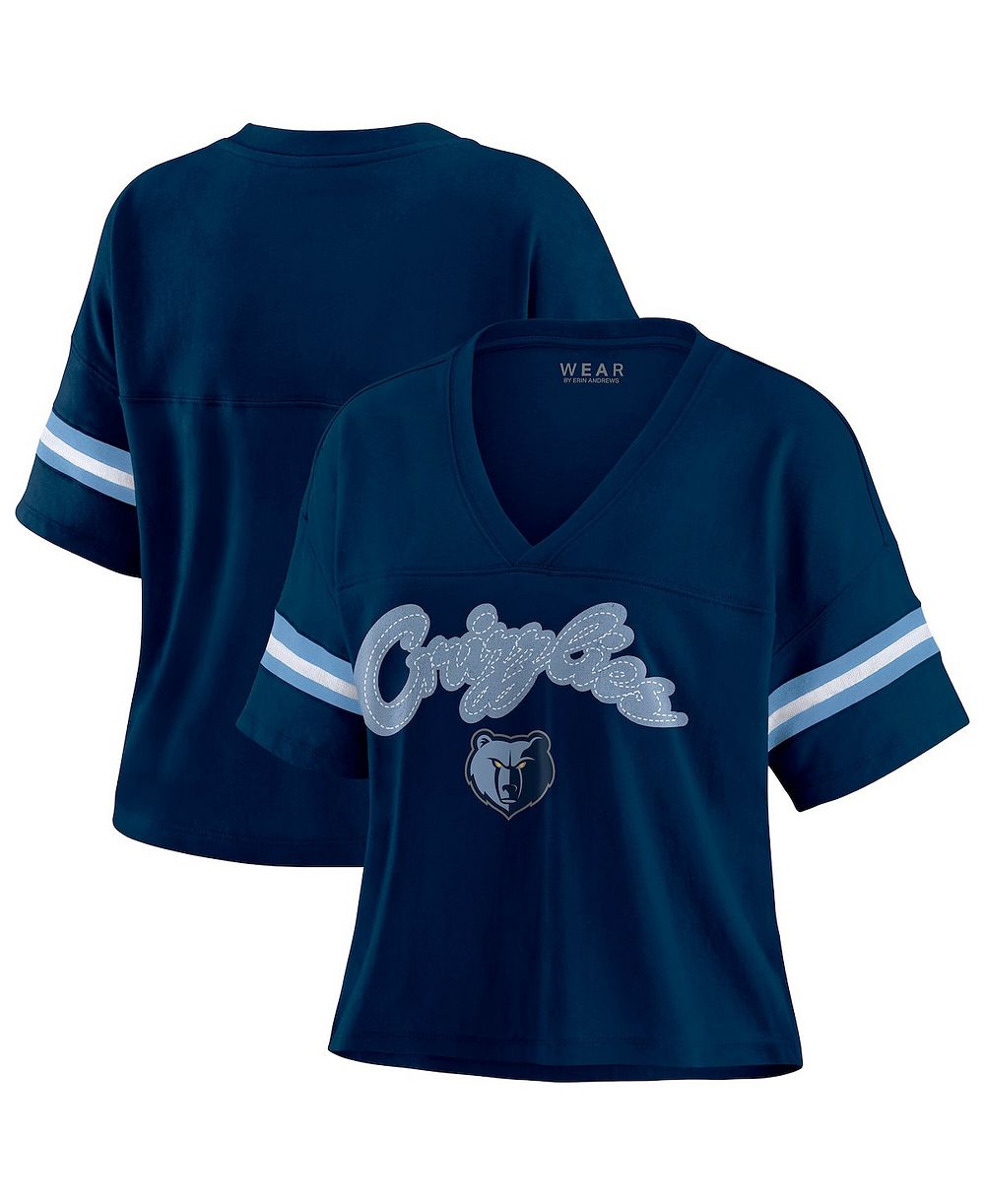Женская футболка WEAR by Erin Andrews Navy Memphis Grizzlies Plus Size Color Block Boxy V-Neck