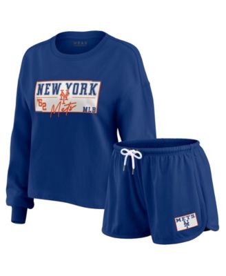 WEAR by Erin Andrews Women's 2-Piece Royal New York Mets Heavy Rugby Jersey Cropped Long Sleeve T-Shirt & Shorts Lounge Set