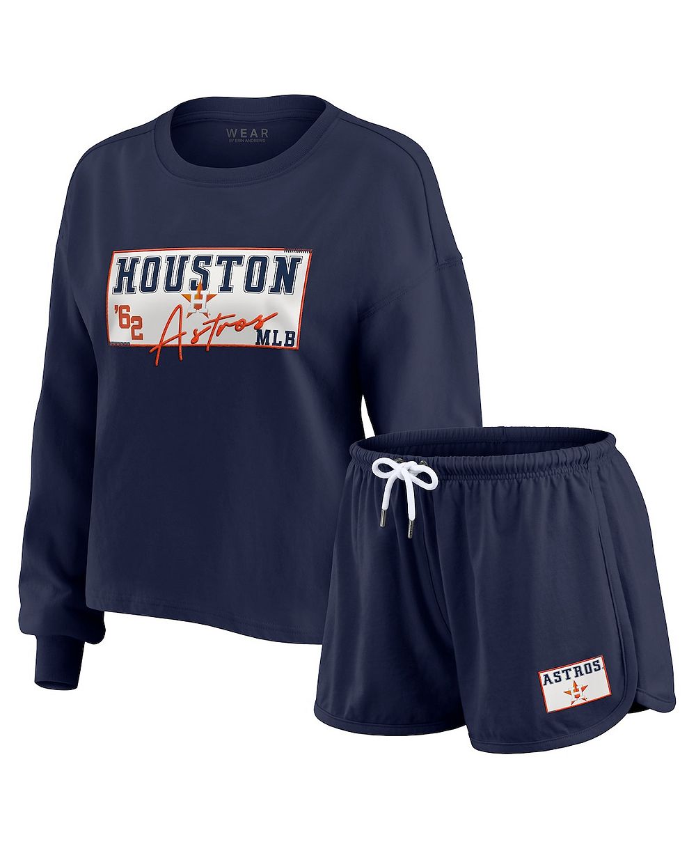 WEAR by Erin Andrews Women's 2-Piece Navy Houston Astros Heavy Rugby Jersey Cropped Long Sleeve T-Shirt & Shorts Lounge Set