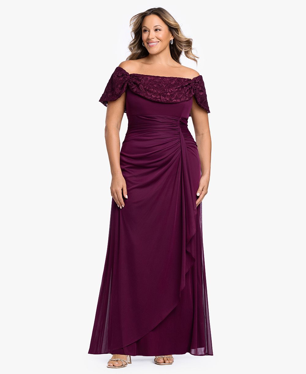 B&A By Betsy and Adam Plus Long Off-the-Shoulder Gown