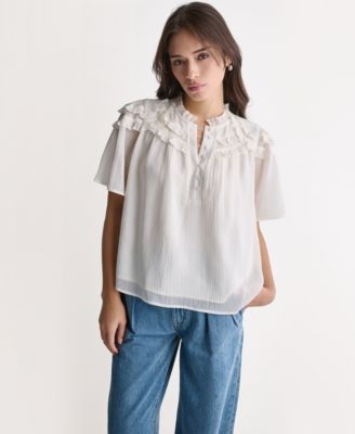 BCBG Женский топ с коротким рукавом и рюшами, круглый вырез