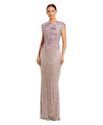 Mac Duggal Женское вечернее платье с бахромой и бисером и коротким рукавом