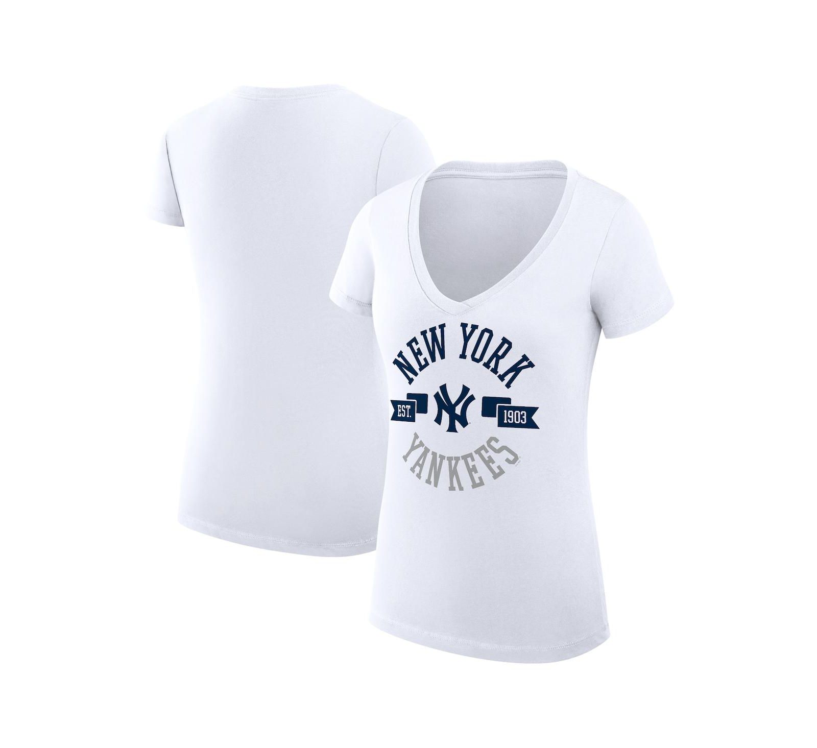 G-III 4Her by Carl Banks Women's White New York Yankees Super-Slim Fit Lightweight City Graphic V-Neck T-Shirt