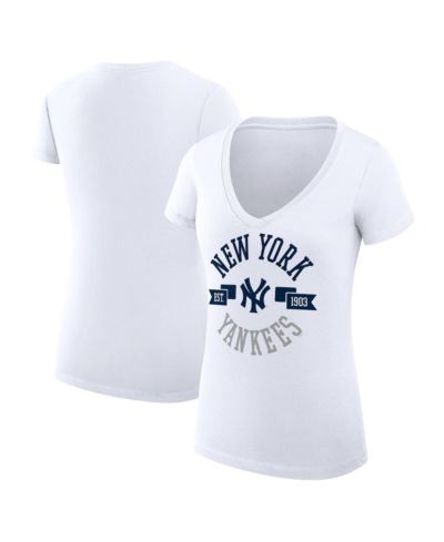 G-III 4Her by Carl Banks Women's White New York Yankees Super-Slim Fit Lightweight City Graphic V-Neck T-Shirt