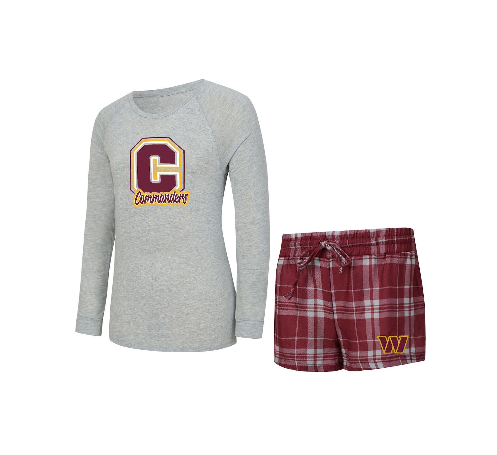 Комплект для сна Concepts Sport Women's Heather Gray/Burgundy Washington Commanders Regulate Plaid Long-Sleeve T-Shirt and Shorts