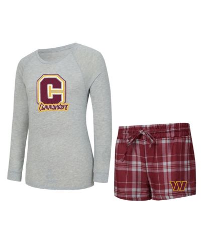 Комплект для сна Concepts Sport Women's Heather Gray/Burgundy Washington Commanders Regulate Plaid Long-Sleeve T-Shirt and Shorts