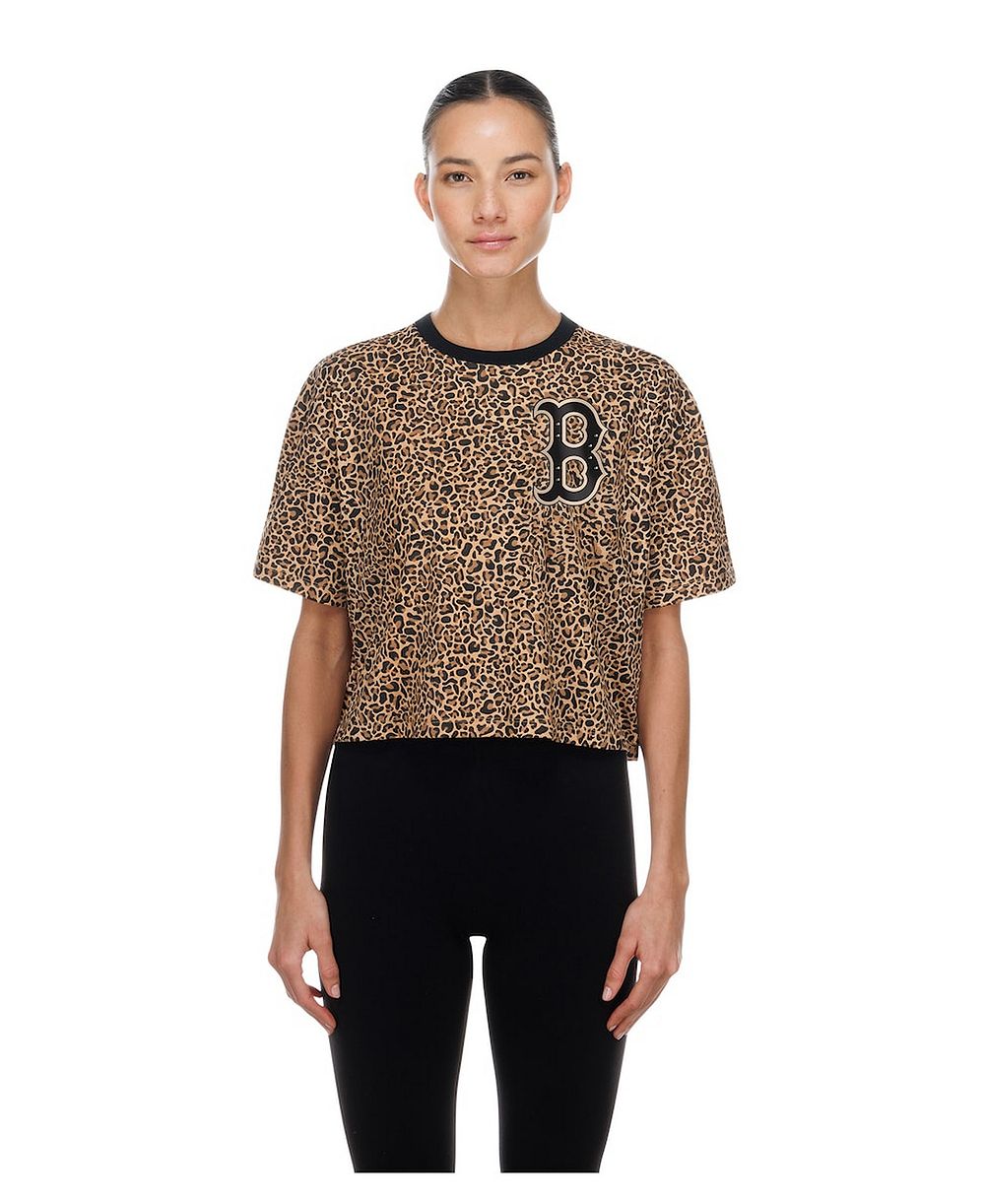 New Era Women's Brown Boston Red Sox Leopard Boxy Cropped T-Shirt