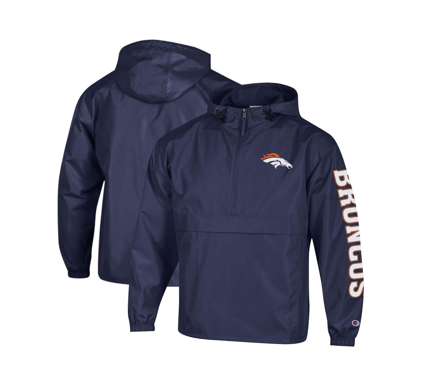Champion Men's Navy Denver Broncos Packable Hooded Windbreaker Half-Zip Jacket