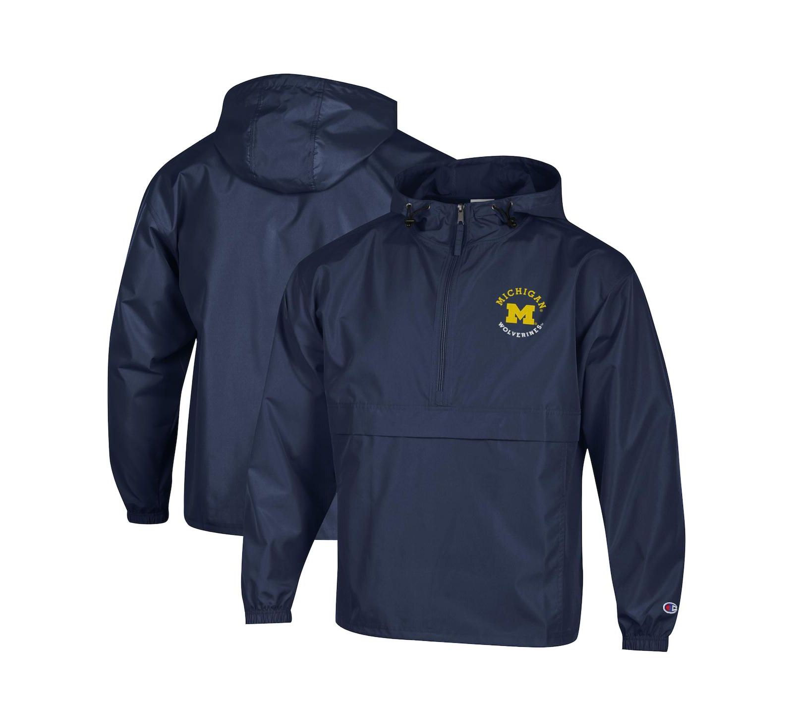 Champion Men's Navy Michigan Wolverines Packable Hooded Windbreaker Half-Zip Jacket