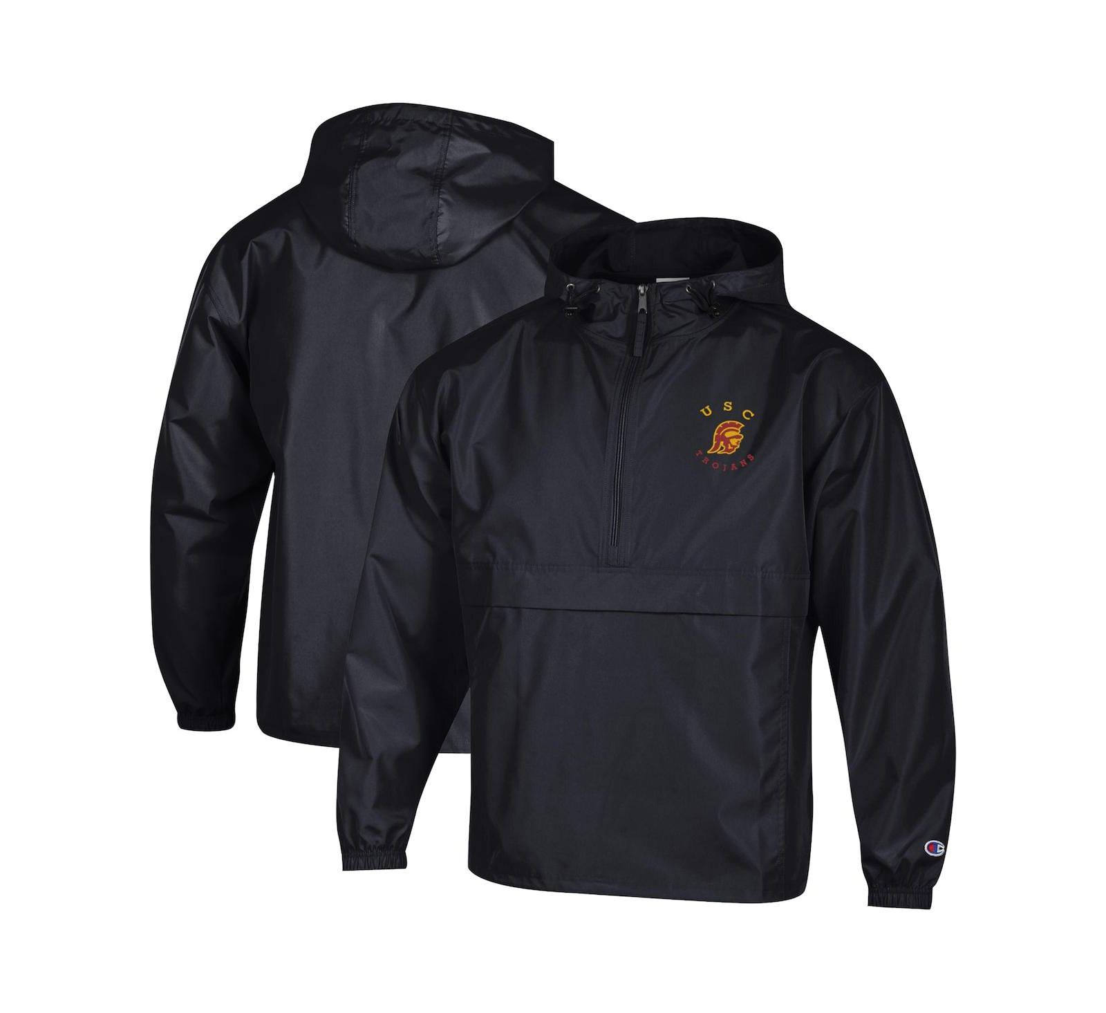 Champion Men's Black USC Trojans Packable Hooded Windbreaker Half-Zip Jacket