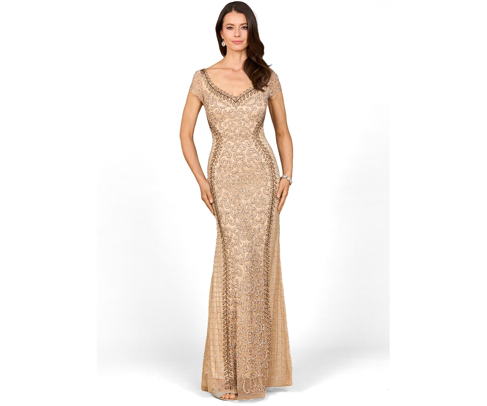 Женское вечернее платье Lara Beaded Mermaid Cap Sleeve Gown