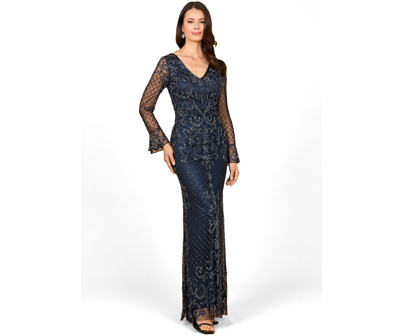 Женское вечернее платье Lara Beaded Long Sleeve V-Neck Gown