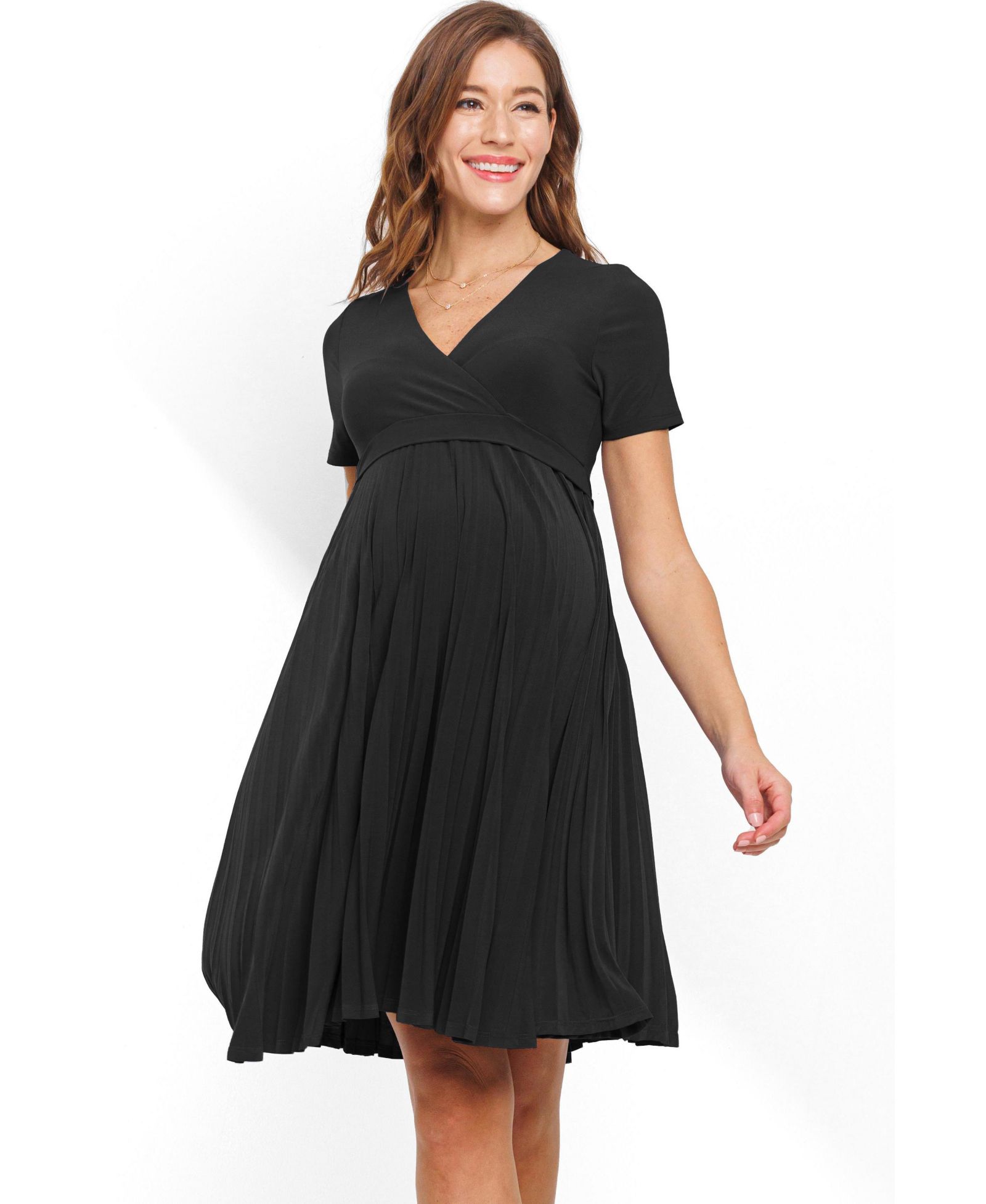 Hello Miz Women's A-Line Pleated V-Neck Nursing Dress