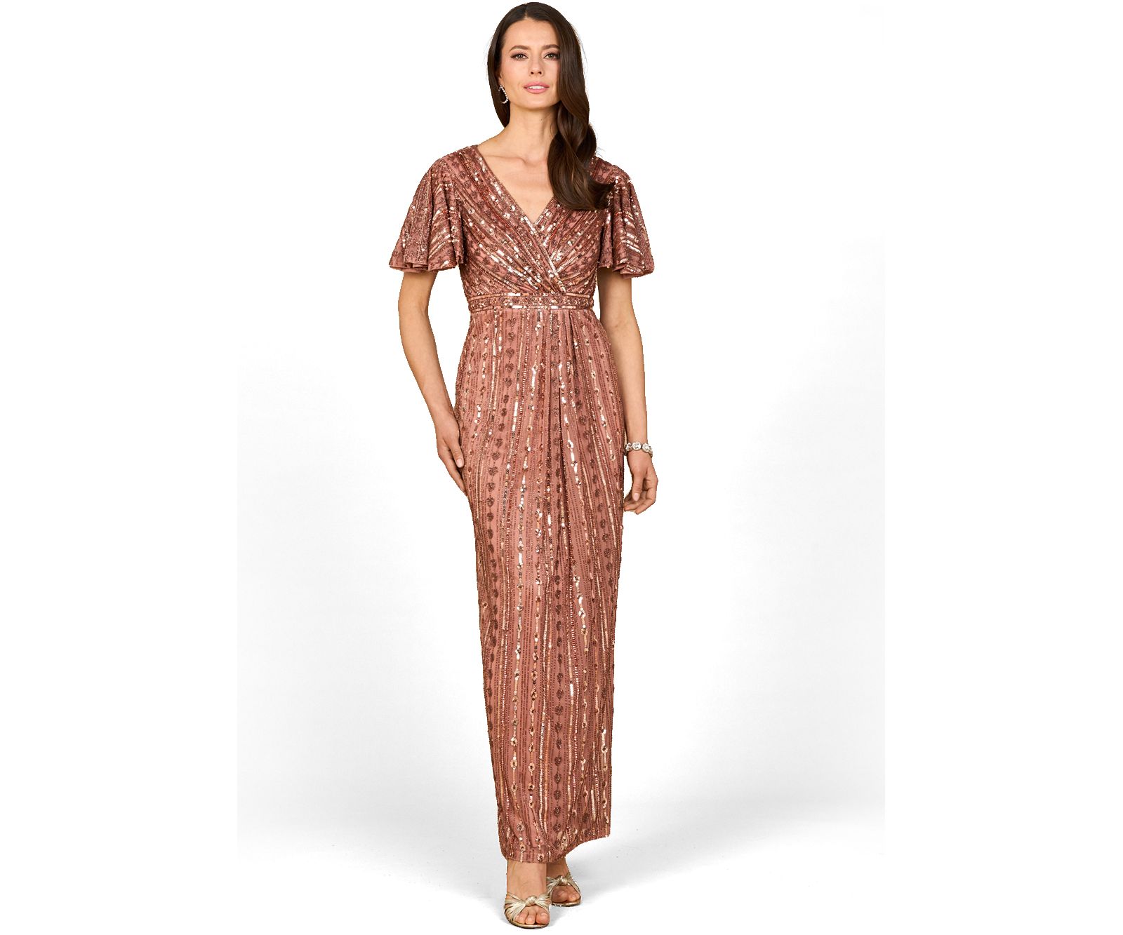 Lara Women's Fully Beaded Gown with Flutter Sleeves