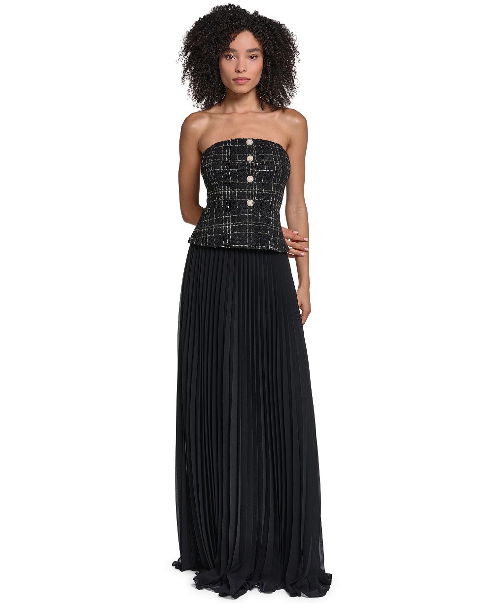 KARL LAGERFELD PARIS Women's Strapless Tweed Bodice Chiffon Gown