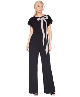 WHITE TIE by Shani Women's Flutter-Sleeve Dramatic Crystal Bow Detail Jumpsuit