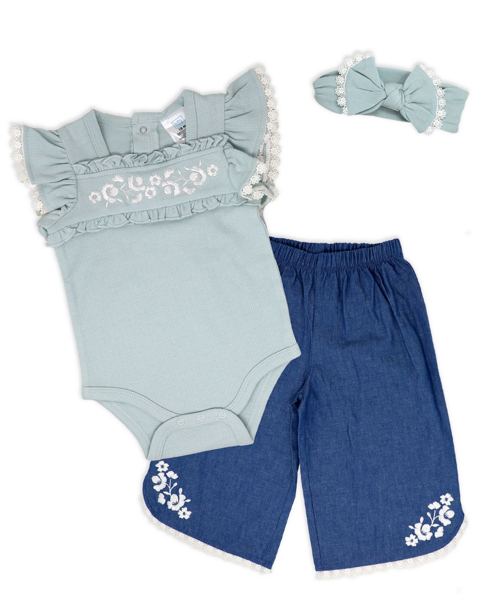 Комплект из 3 предметов Baby Mode Baby Girls' Short-Sleeve Bodysuit, Denim Pant and Headband