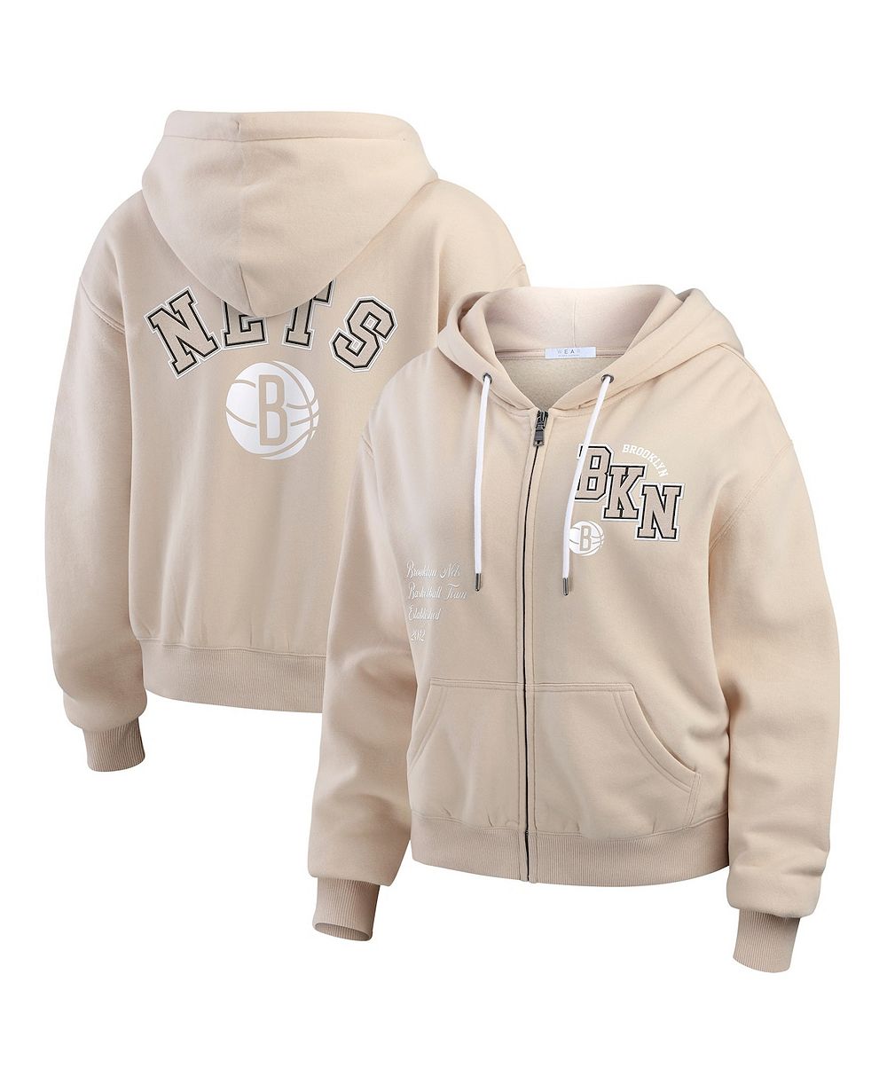 WEAR by Erin Andrews Women's Tan Brooklyn Nets Tonal Felt Patch Full-Zip Hoodie