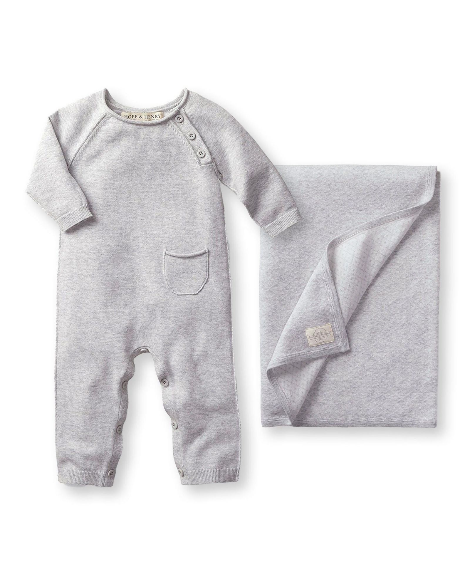 Hope & Henry Baby Girls Raglan Knit Romper and Jacquard Blanket Gift Set