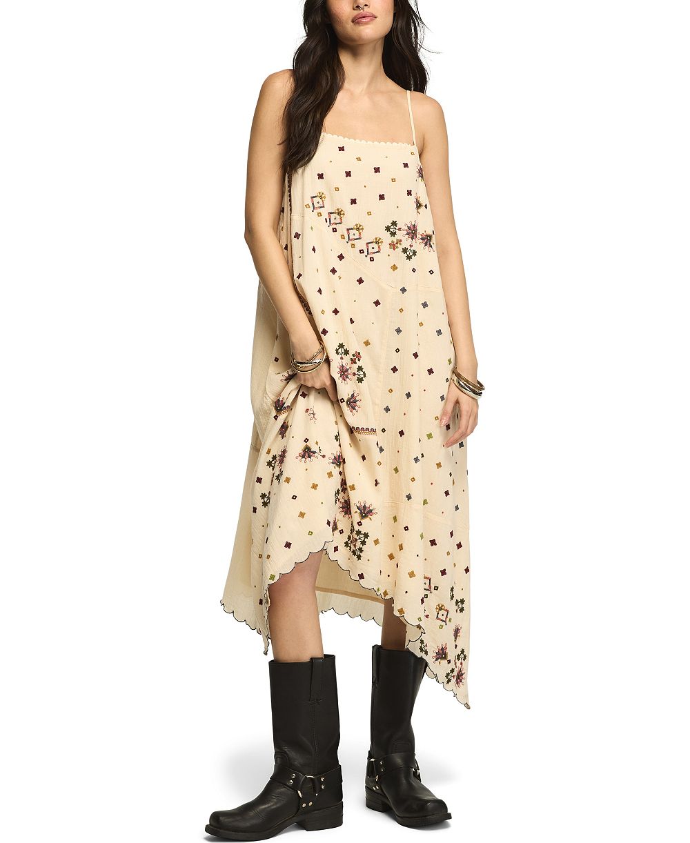 Lucky Brand Women's Contrast Embroidered Mix Floral Boho Midi Dress