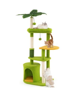 Gymax Cute Cat Tree for Adult Cats with Condo Padded Perch Pompoms
