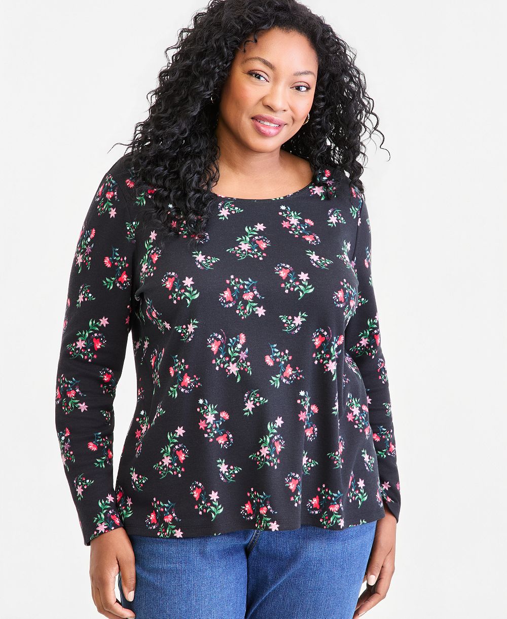 Style & Co Plus Size Printed Long-Sleeve Scoop-Neck Top, Macy's Exclusive