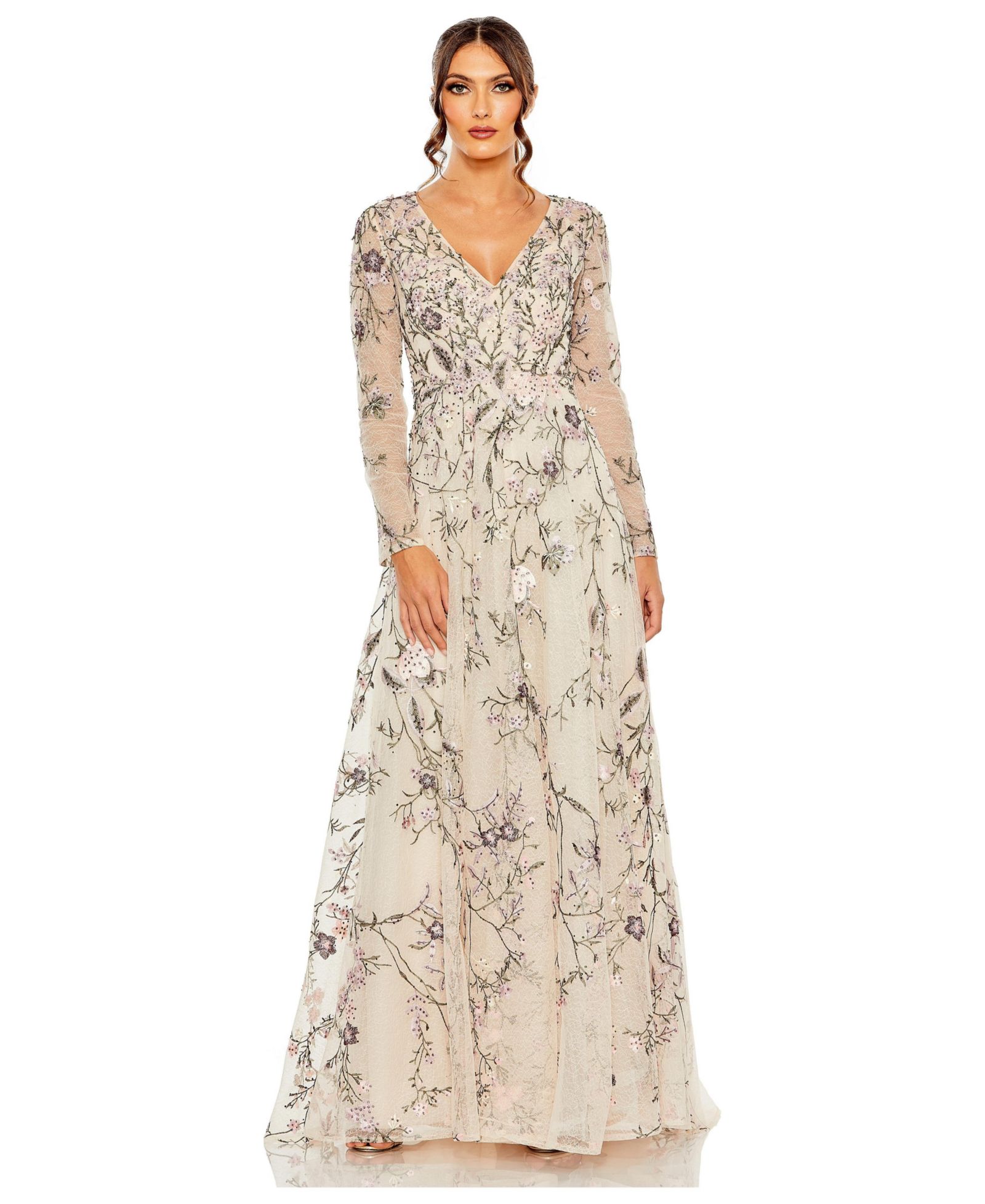 Mac Duggal вечернее платье Women's с вырезом V и длинными рукавами с вышивкой A Line