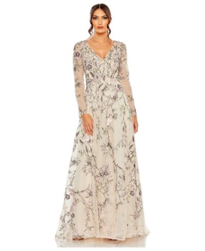 Mac Duggal Women's V Neck Long Sleeve Embroidered A Line Gown