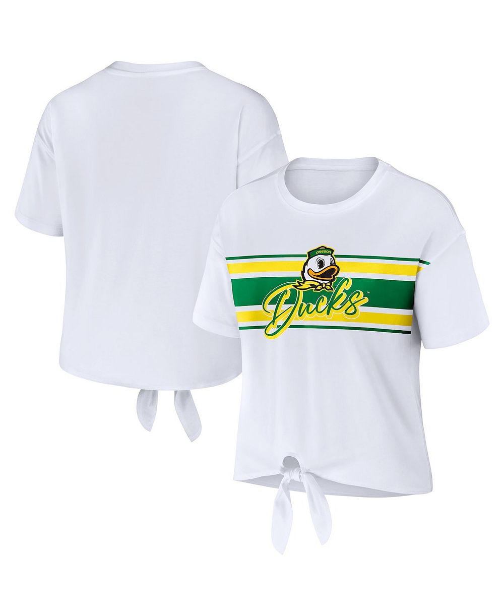WEAR by Erin Andrews Women's White Oregon Ducks Striped Front Knot Cropped T-Shirt