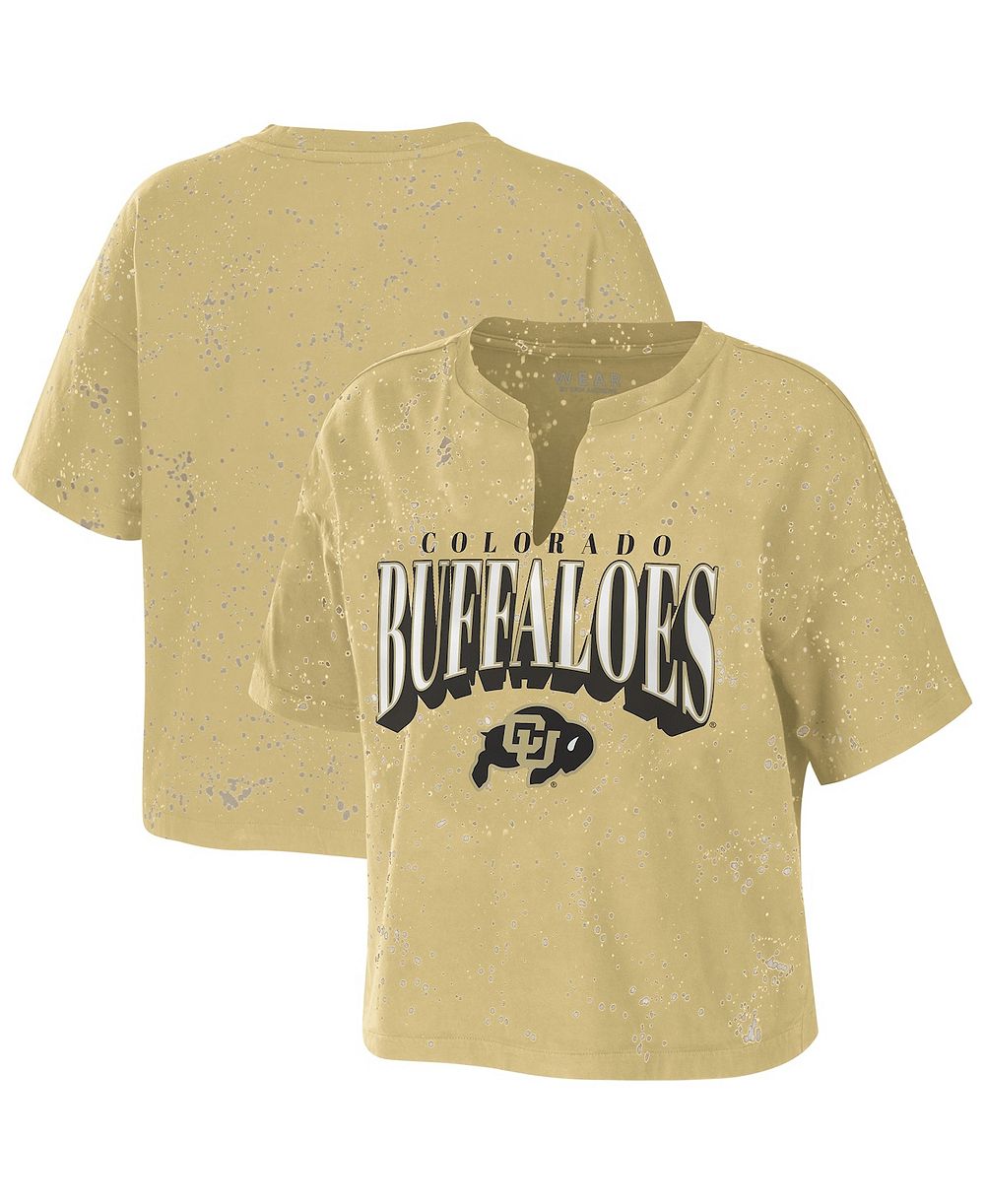 WEAR by Erin Andrews Women's Tan Colorado Buffaloes Bleach Wash Splatter Cropped Notch Neck T-Shirt