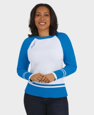 WEAR by Erin Andrews Women's White/Powder Blue Los Angeles Chargers Colorblock Raglan Sweater