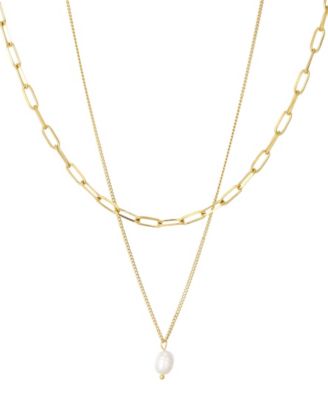 St. Moran Tarnish-Resistant Gold Set of 2 Freshwater Pearl and Paperclip Chain Lea Necklace Set