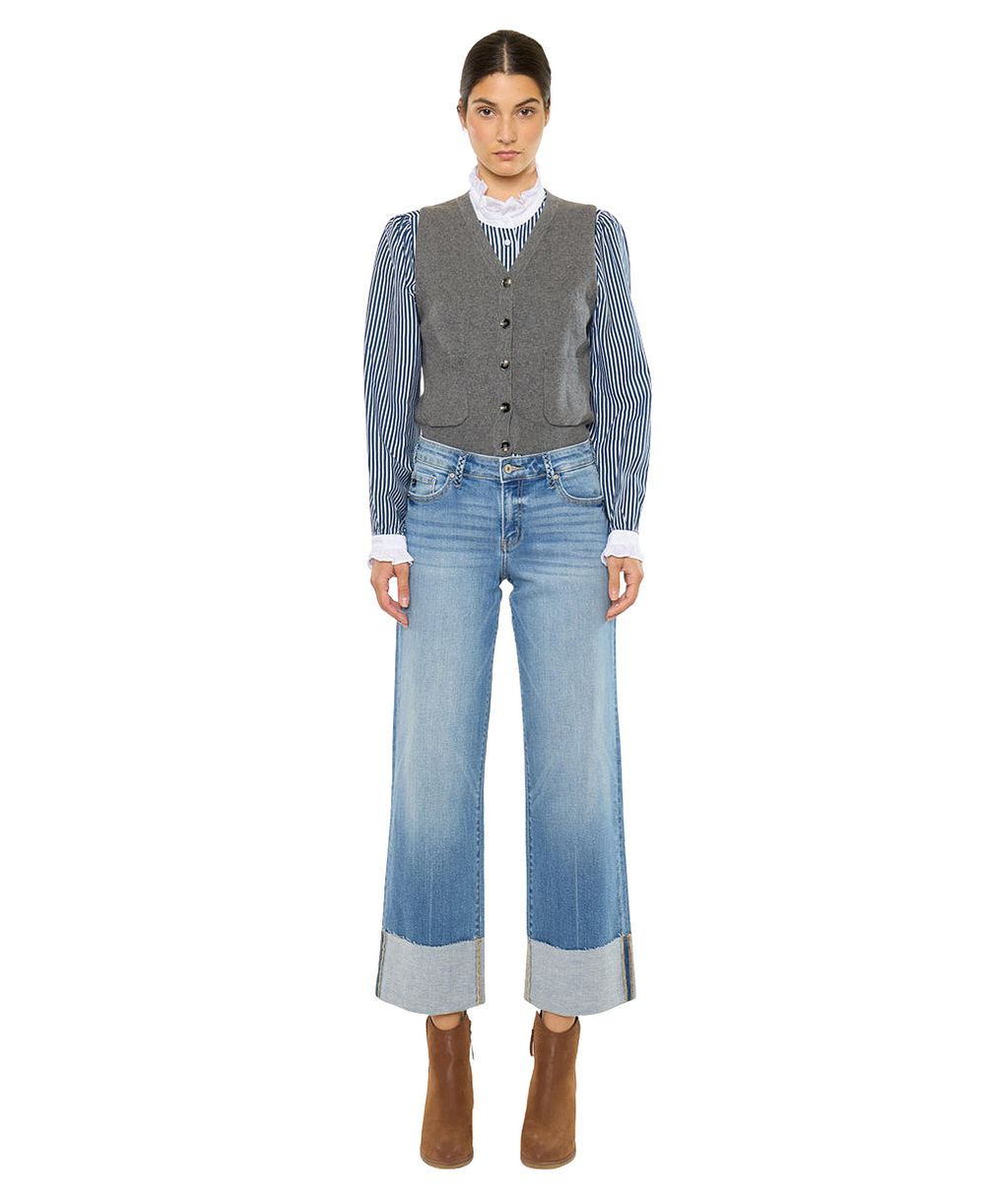 KanCan Women's Kenny Mid Rise Crop Wide-Leg Jeans