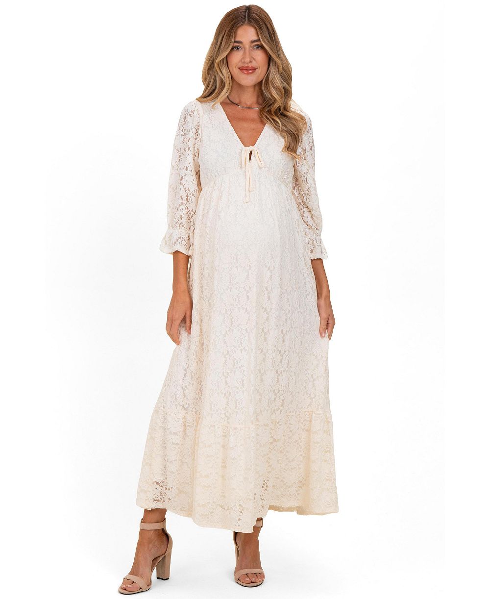 Женское макси-платье Pinkblush Ivory Floral Lace 3/4 Ruffle Sleeve V-Neck