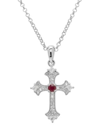 Macy's Lab-Grown Blue & White Sapphire (0.36 ct. t.w.) Vintage Cross Pendant Necklace in Sterling Silver (Also Available in Lab-Grown Ruby)