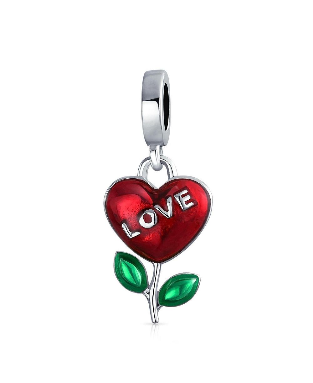 Bling Jewelry Love Grows Red Enamel Heart Dangle Flower Charm Bead .925 Sterling Silver Fits European Bracelet