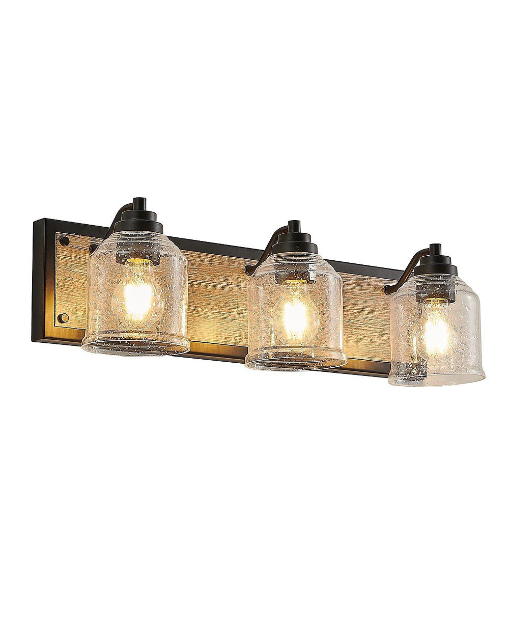 BUSDAYS 23 Inch Farmhouse Vanity Light Fixture 3 Light Bathroom Wall Sconce with Clear Seeded Glass Wood Grain Finish Modern Industrial No Bulbs