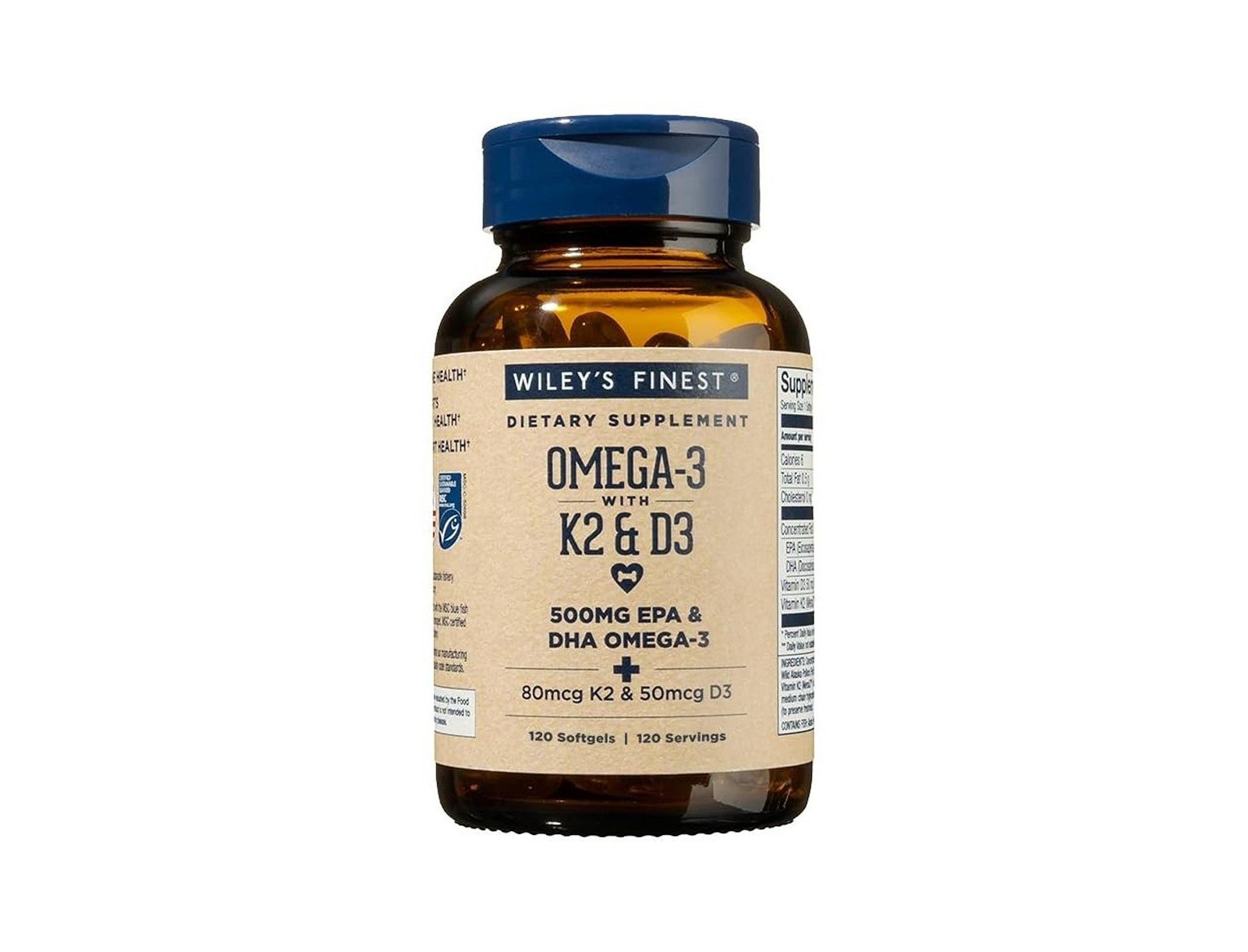 Витамины Wiley s Finest Fish Oil Vitamin K2 и D3 500mg EPA и DHA для здоровья костей и сердца 120 Softgels (120 Servings)