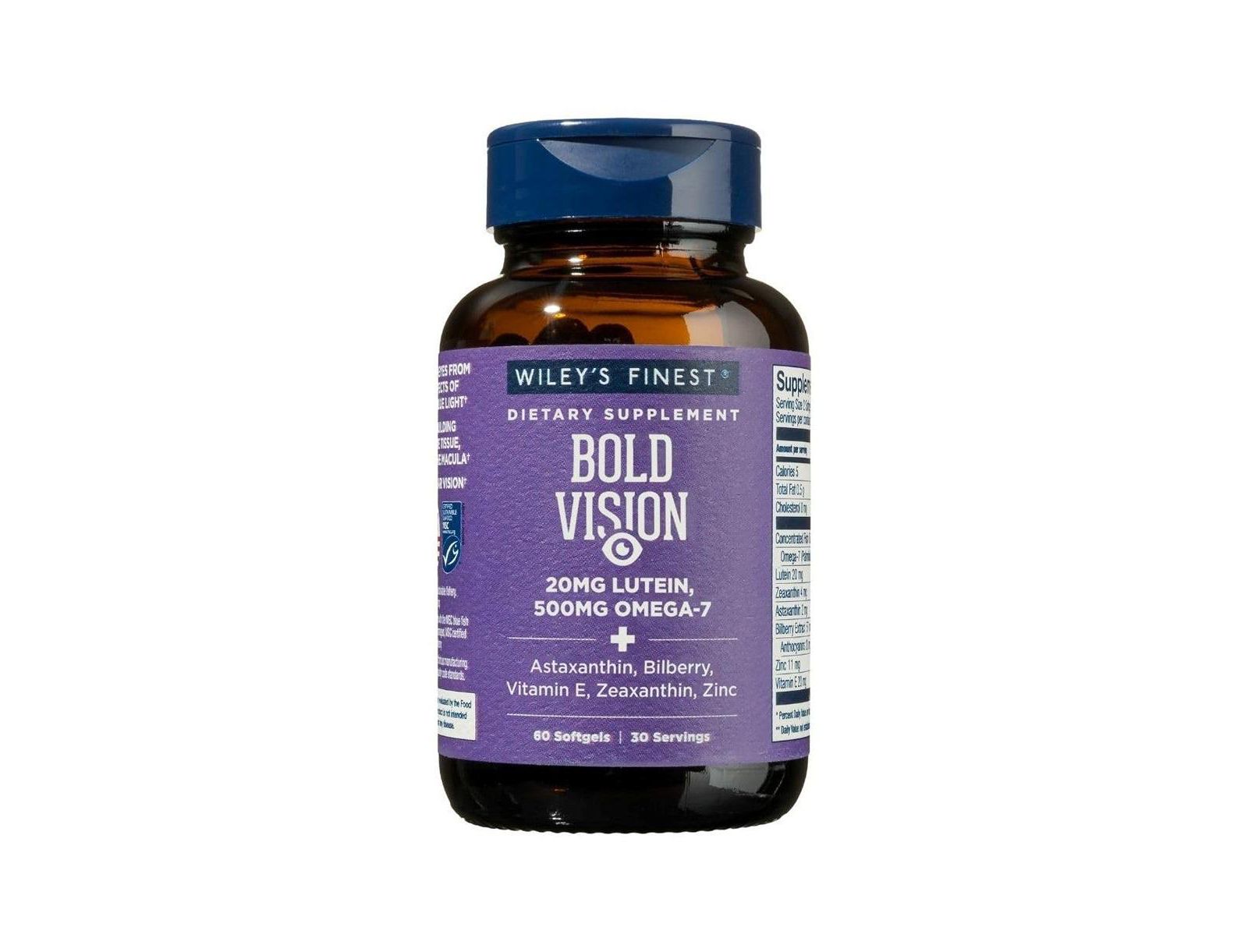 Пищевая добавка Wiley s Finest Bold Vision с лютеином, зеаксантином, цинком и Omega-7 - 60 Softgels (30 Servings)