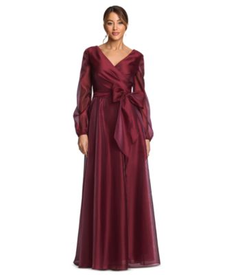 XSCAPE Women's V-Neck Long Sleeve Metallic Organza Gown