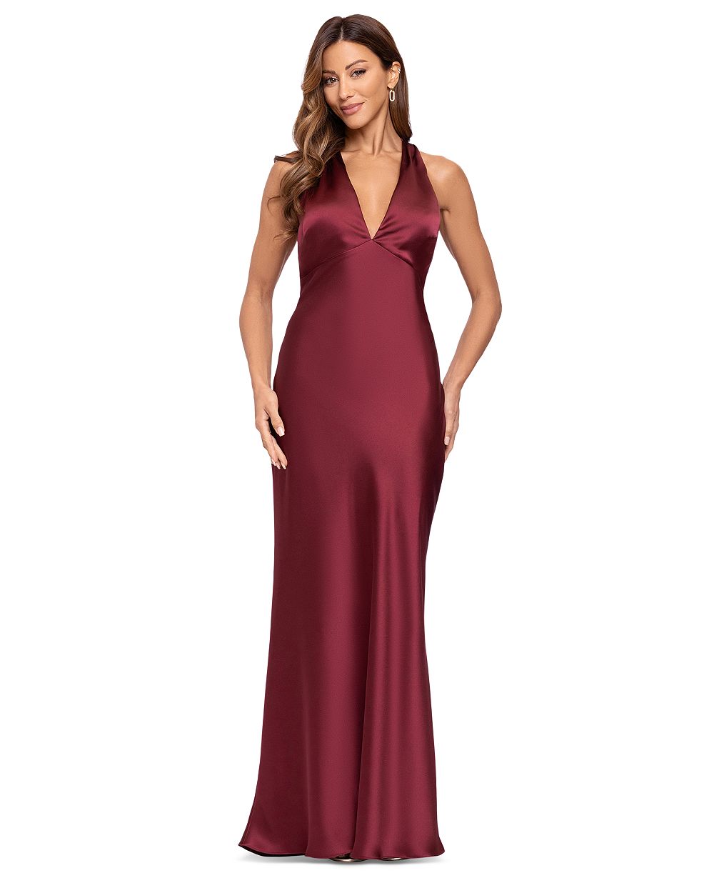 Женское длинное платье XSCAPE Francesca с halter-вырезом и драпировкой из сатина