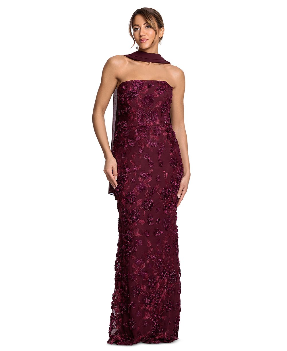 XSCAPE Women's Strapless Floral Power-Mesh Gown